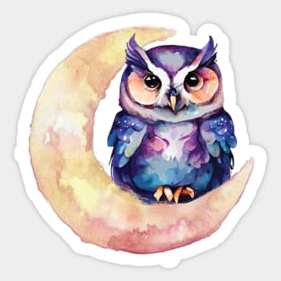 Whimsical Owl in Crescent Moon Watercolor Art Print Sticker